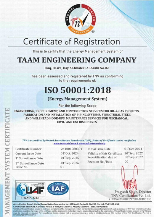 TAAM ISO 50001:2018 certificate preview